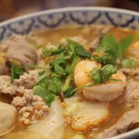 Tom Yum Noodle Soup · Hot and spicy noodle soup served with ground pork, sliced pork, pork balls, shrimp, fish cak...