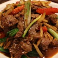 Pad Prig Pao · Spicy. Tofu and vegetables. Sauteed chili paste, onions, carrots and bamboo shoots.