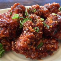 Korean Fried Spicy Chicken Wings (8) · Eight pieces party wings in spicy and tangy chili sauce. Available sauce on the side.