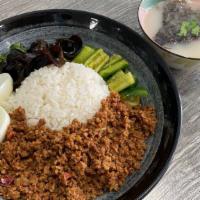 CC15. Braised Ground Pork over Rice 滷肉飯 · Steam rice w/braised ground pork, egg, woodear mushroom, smashed cucumber, and a bowl of bro...