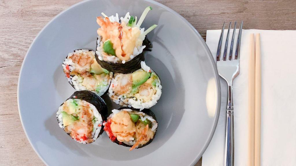 Shrimp Tempura Roll · With cucumber, avocado tobiko and eel sauce.