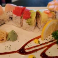 Rainbow Roll · Imitation crab and avocado topped with tuna ebi, salmon and yellowtail.