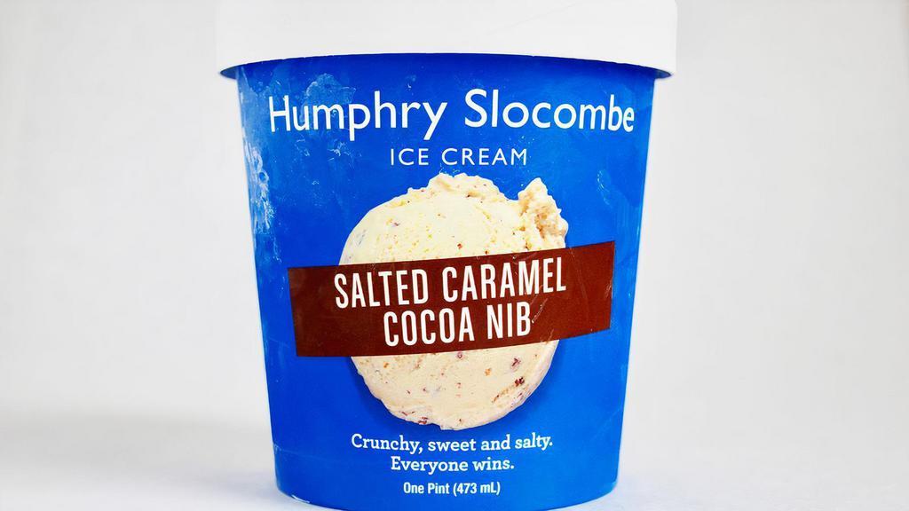 Salted Caramel Cocoa Nib · Salted caramel ice cream with toasted cocoa nibs. Crunchy, sweet, and salty. Everyone wins. Contains dairy and eggs. We cannot make substitutions.