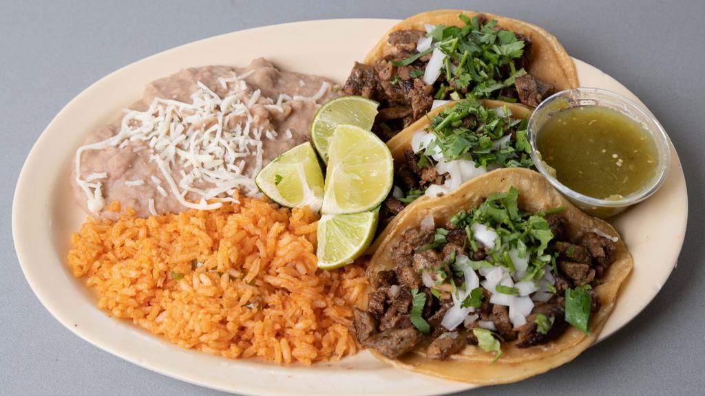 #1.   3 Tacos Combo · Three soft shell tacos topped with your choice of meat onions and cilantro