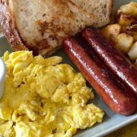 American Breakfast: · Two eggs served with potatoes & bacon or beef sausage