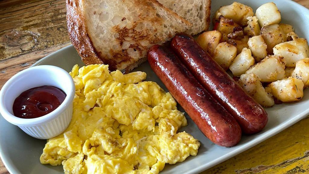 American Breakfast: · Two eggs served with potatoes & bacon or beef sausage