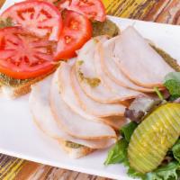 Turkey Pesto With Side Salad · Mix salad, tomatoes, cucumbers, onions, and pickles. Served with side of salad.