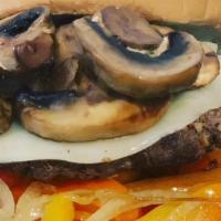 Philly Cheesesteak Deluxe Burger · shaved steak sautéed with bell peppers , mushrooms, onions ＆ Swiss cheese over a beef patty