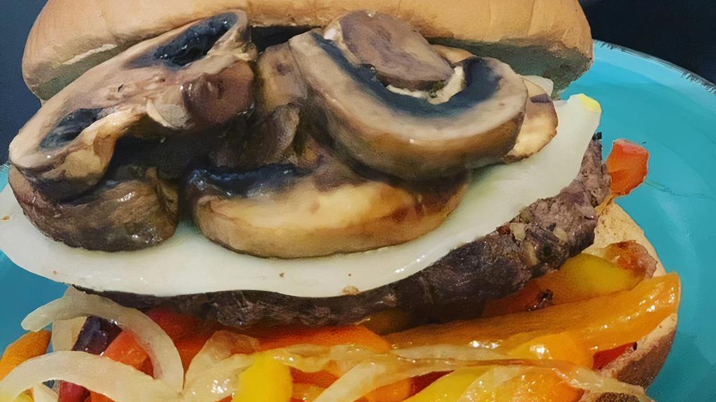 Philly Cheesesteak Deluxe Burger · shaved steak sautéed with bell peppers , mushrooms, onions ＆ Swiss cheese over a beef patty