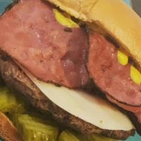 The Vikings Burger · Grilled pastrami, pickles, mustard ＆amp; swiss cheese over a beef patty.