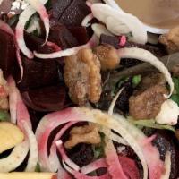 Beets Salad · Mix greens, fennel, roasted bets, cranberry, walnuts, goat cheese, pear d anju, tricolor qui...