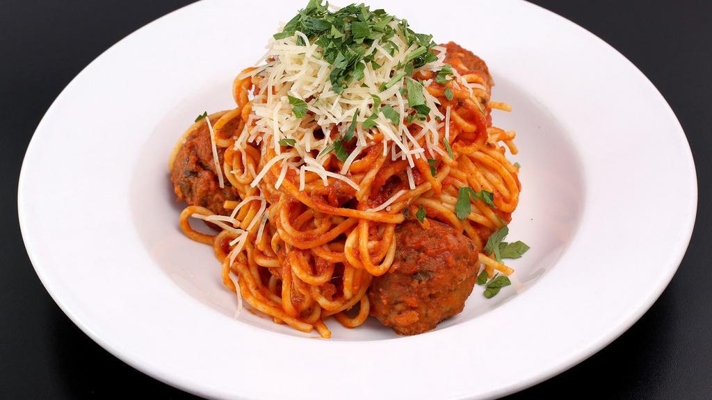 Spaghetti with Meatballs · Emmy's Classic Marinara Sauce with 3 Beef meatballs
 and fresh parmesan on side (can sub veggie balls)