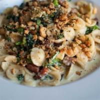 Orrechiette Alfredo · With Pancetta (meat)and Asparagus in a Parmesan cream sauce topped with Herbed bread crumbs