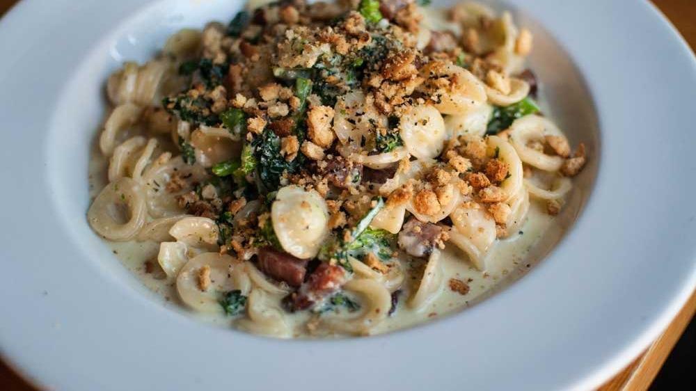 Orrechiette Alfredo · With Pancetta (meat)and Asparagus in a Parmesan cream sauce topped with Herbed bread crumbs