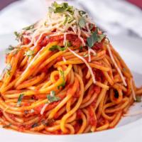 Spaghetti · Our Classic Favorite! Vegan marinara sauce with fresh parmesan cheese  on the side (please n...