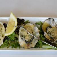 Oysters Rockefeller · 3 Roasted Oysters with spinach, parmesan cheese, capers and butter