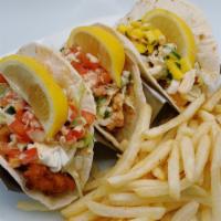 Tres Tacos · Your choice of: fish, shrimp, salmon, beef, or chicken.
Served with pico de gallo,, lettuce,...