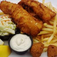 Fish and Chips · Fried Icelandic Cod served East Coast style over a mound of fries. Served with hush puppies ...