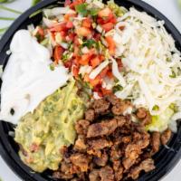 Burrito Bowl · Choice of meat, beans, rice, pico de gallo, lettuce, sour cream, cheese, and guacamole.