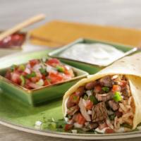 Burrito Regular · Choice of meat, beans, rice, pico de gallo, and sour cream.