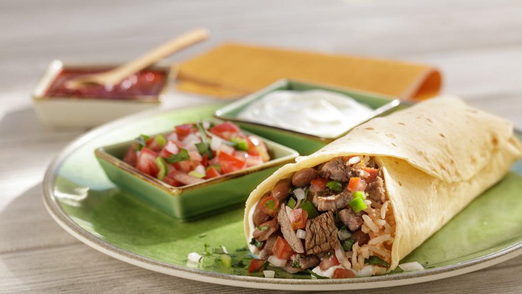 Burrito Regular · Choice of meat, beans, rice, pico de gallo, and sour cream.
