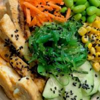Teriyaki Chicken · Teriyaki Chicken, carrots, corn, cucumber, edamame, seaweed salad, roasted black sesame seed...