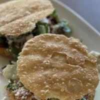 Gorditas · Gordita con su carne-thin fried corn dough, stuffed with lettuce, fried beans, and choice of...