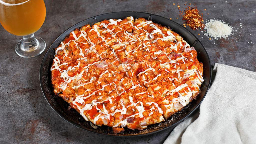 Buffalo Chicken (Cauliflower Crust) · Chicken and Red Onions, with Mozzarella Cheese and white sauce.  Made on our signature crispy Cauliflower Crust!
