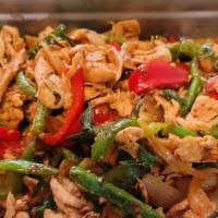 #2 Spicy Basil Chicken · Grounded chicken stir fried with onion, green bean, bell pepper, chili and basil.