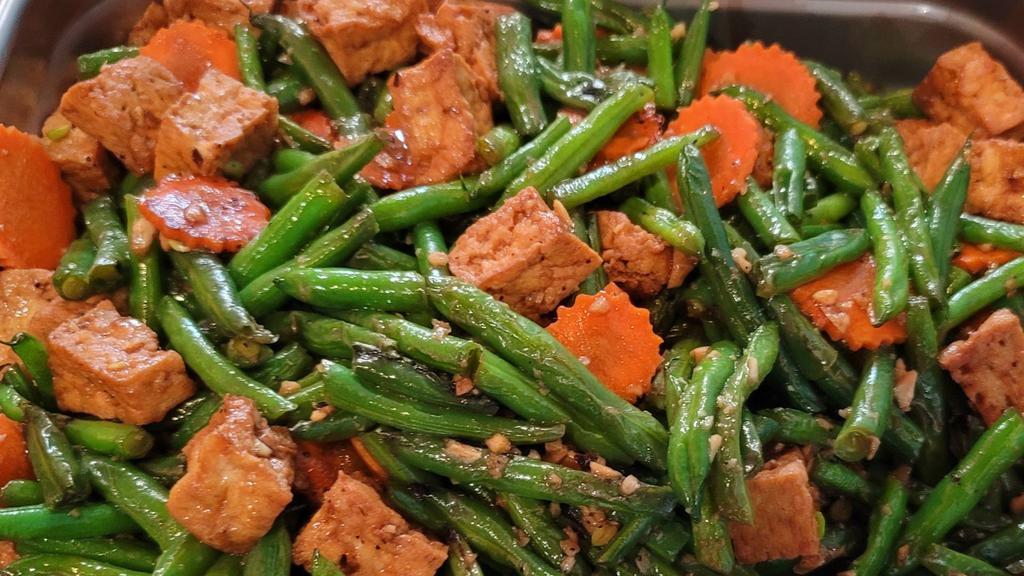 #6 Green Bean Tofu (vegan) · Stir fried green bean and fried tofu.