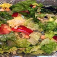 Chef's Salad · Crisp lettuce, tomatoes, garbanzo beans, onions, olives, green peppers, ham and cheddar chee...