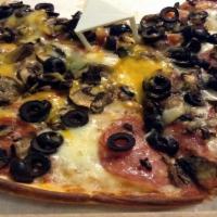 The Greek Favorite Pizza · Artichoke hearts, red onions, olives, feta, oregano, pepperoni and pepperoncini.
