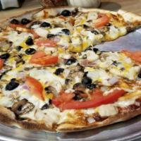 Ultimate BBQ Chicken Pizza · BBQ and garlic sauces, red onions, mushrooms, olives, freshly roasted chicken, light jalapen...