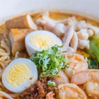 Curry Laksa with Ramen Noodles · with shrimp, fried tofu, egg, shredded chicken, bean sprouts and bok-choy. A balance of swee...