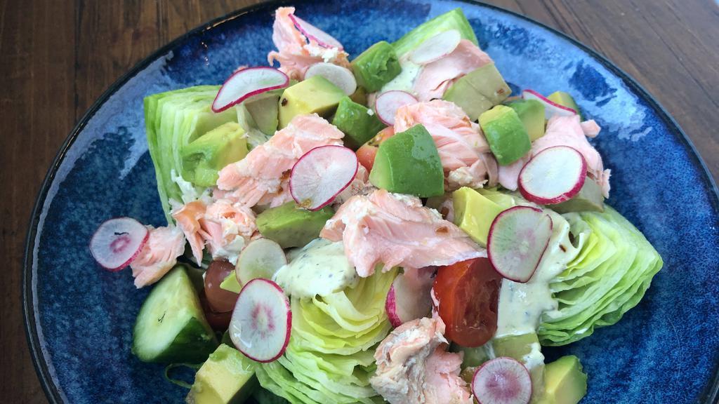 Salmon Salad · Poached Salmon, baby iceberg, breakfast radish, avocado, cucumber, tomato, goddess dressing