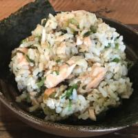 Salmon Rice · Genmai, poached salmon, takana, shiso, sesame, scallion