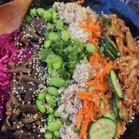 Rainbow Rice · genmai, soboro tofu, shiitake, carrot, edamame, cucumber, pickled cabbage, kimchi
