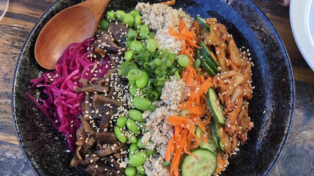 Rainbow Rice · genmai, soboro tofu, shiitake, carrot, edamame, cucumber, pickled cabbage, kimchi