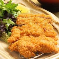 905. Chicken Katsu · Chicken cutlet (thigh meat) with fresh panko, spring mix, rice, Miso soup.