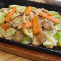 976.  Niku Yasai itame · Stir-fried vegetables and pork belly, rice. Miso soup.