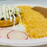 Combo #2 One Sope · One SOPE, a thick homemade tortilla topped with refried beans, lettuce, cheese, sour cream, ...