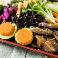 Soba Salad · buckwheat noodles topped with cucumber, carrots, broccolini, snow peas, atsuage tofu, shiita...