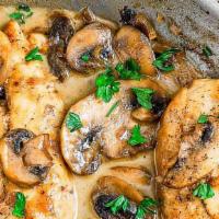 Chicken Marsala · Chicken Breast Scaloppini with Mushroom Marsala , served with Roasted Potatoes and Vegetable.