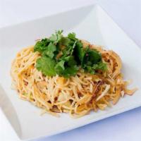 Rangoon Noodle · Egg noodles tossed with tofu, cucumbers, cilantro, tomatoes, cabbage, chili sauce, dried shr...