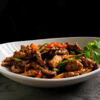 (C) Fiery Lamb Tofu · Lamb wok fried with tofu, string beans, bell pepper and basil in a sweet and spicy sauce.