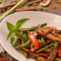 (C) Fiery Tofu & Vegetables · Wok fried tofu, string beans, bell peppers and basil in a sweet and spicy sauce.