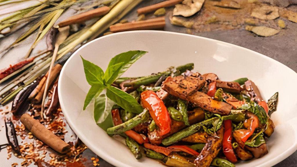 Fiery Tofu & Vegetables · Wok fried tofu, string beans, bell peppers and basil in a sweet and spicy sauce.