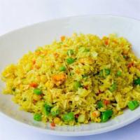 Home-Style Fried Rice Side · Tender whole yellow beans steamed with fried jasmine rice, scrambled egg and topped with fri...