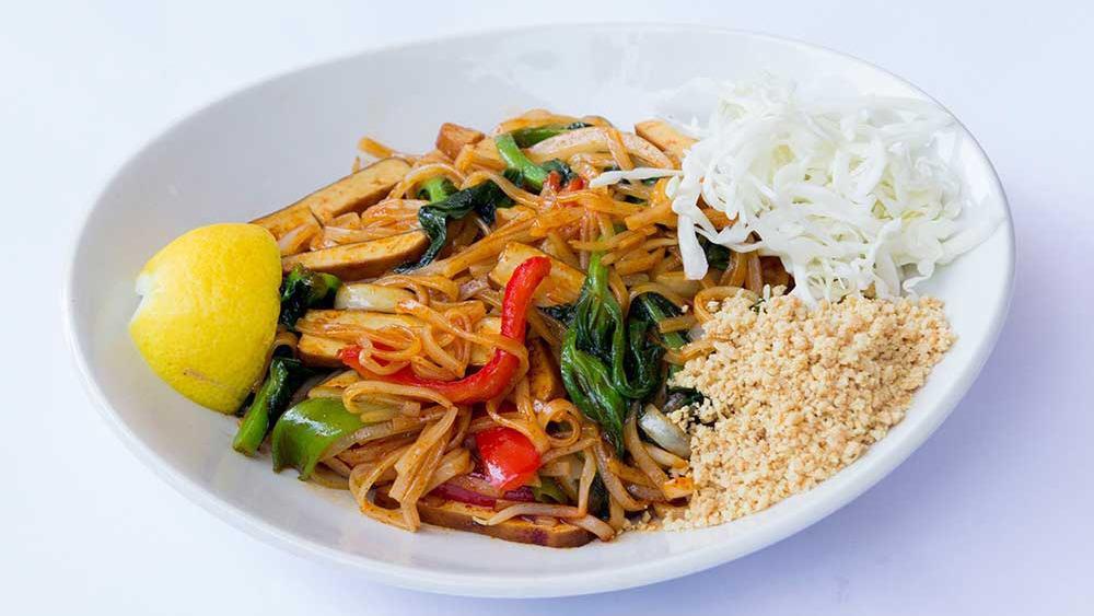 (C) Burmese Pad Thai · Rice noodles mixed with tofu, fresh red bell peppers, onions, pea leaves, cabbage, peanuts, and scrambled egg. Gluten Free.