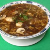 Vegetable Hot & Sour Soup · Hot and sour soup served with tofu, mushrooms, bamboo shoots, onions and carrots. Contains e...